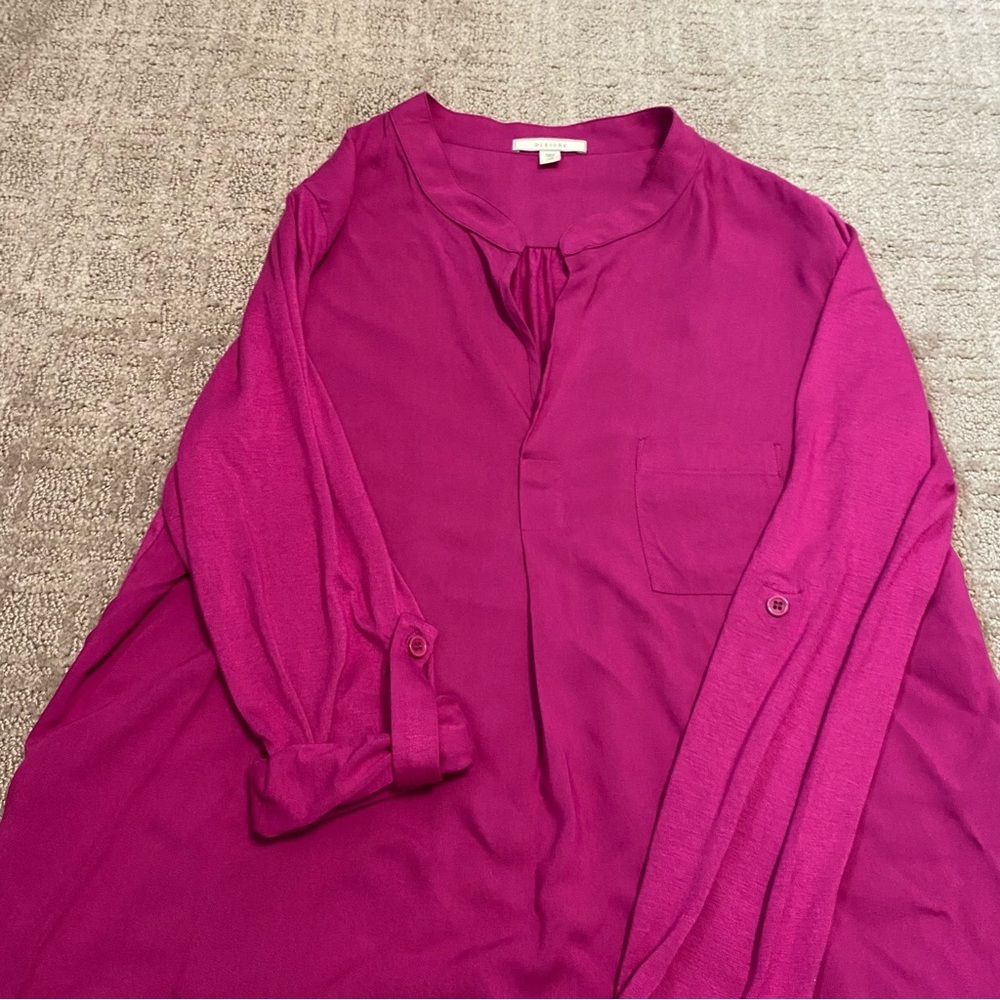 {Pleione} Mixed Media Roll Sleeve Top | Fuscia Pink ~ Size XS - Picture 8 of 15